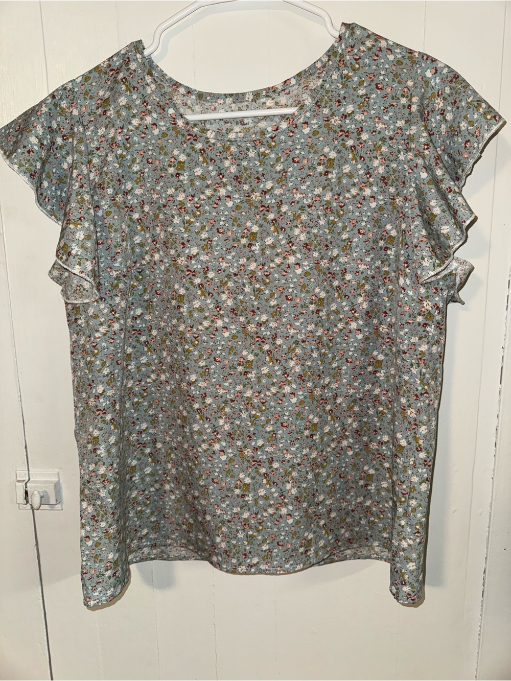 Light Blue Floral Ruffle Sleeve Blouse